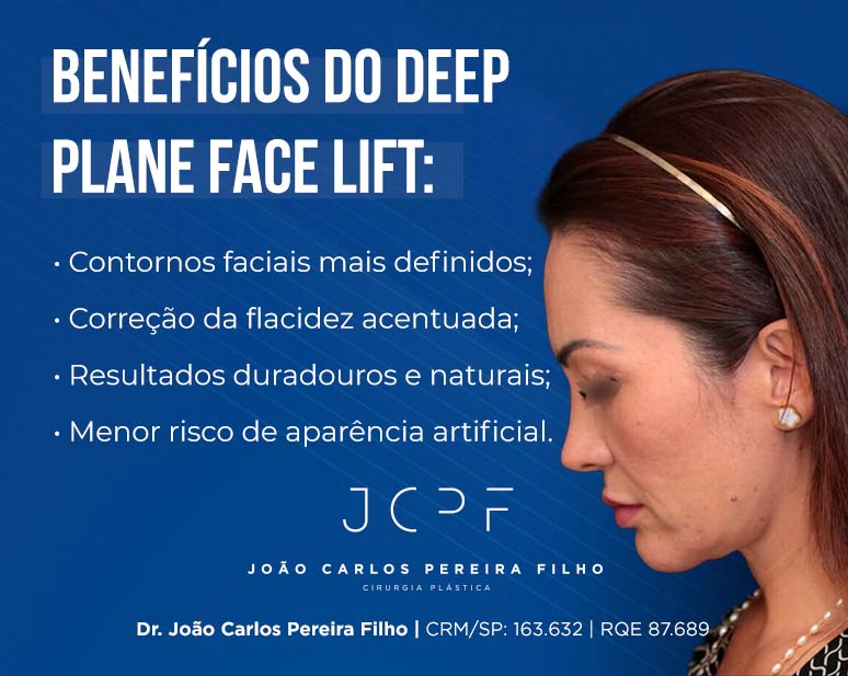 Benefícios do Deep Plane Face Lift listados ao lado do perfil de paciente com contorno facial definido – Dr. João Carlos Pereira Filho