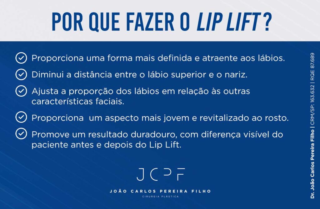 Por que fazer o Lip Lift?
Proporciona uma forma mais definida e atraente aos lábios;
Diminui a distância entre o lábio superior e o nariz;
Ajusta a proporção dos lábios em relação às outras características faciais;
Proporciona  um aspecto mais jovem e revitalizado ao rosto;
Promove um resultado duradouro, com diferença visível do paciente antes e depois do Lip Lift.
