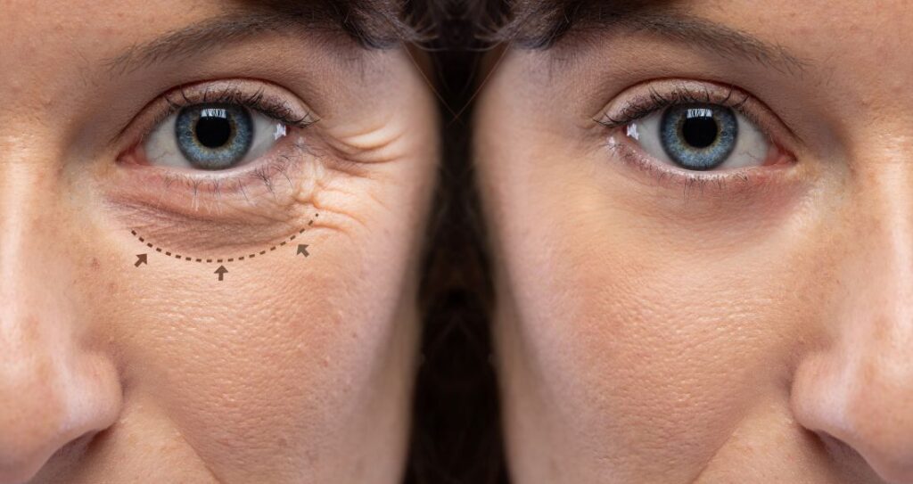 O que causa bolsa nos olhos comparação de antes e depois de mulher que passou por cirurgia plástica.
